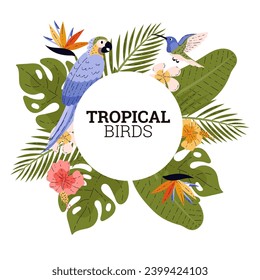 Tropical exotic birds and parrots in decorative frame or label design, flat hand drawn vector illustration isolated on white background. Summer tropical element design.