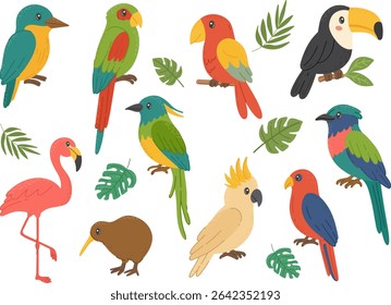 Tropical exotic birds set parrot, toucan, flamingo, kiwi, and cockatoo. Wild tropical animal. For kids content