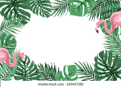 Tropical exotic border frame template with bright green jungle palm tree monstera leaves and pink flamingo birds couple. Horizontal landscape orientation. Place for text in the middle.