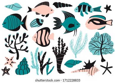 Tropical exotic collection. Fish, shells, corals, starfish. Set of hand drawn sea animals and plants. Minimalistic flat style vector illustration. Funny doodle nautical set. Cartoon ocean creaturures