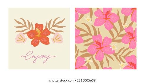 Tropical exotic collection. Hand drawn bohemian tropical flora set. Enjoy typography slogan. Vivid seamless pattern with pink hibiscus on beige background