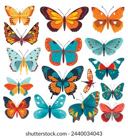 Tropical exotic colorful butterflies vector set. Isolated beautiful Butterfly collecion on white background. Elements. Bright Summer insects. Decorative ornte hand drawn butterflies for your design