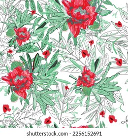 Tropical exotic colorful seamless pattern illustration. Flower element, with colorful flowers bouquet, palm leafs, plants.  For printing packaging, cards, designers, clothes, interior, icon, logo