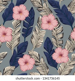 Tropical exotic composition of brown and blue banana leaves and pink hibiscus flowers seamless pattern on the gray vector backgorund