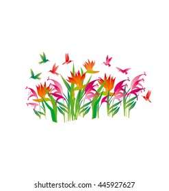 tropical exotic decorative flowers and color little birds. vector illustration.