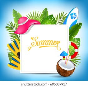 Tropical Exotic Design Card with Beach Accessories, Summer Time Template - Illustration Vector