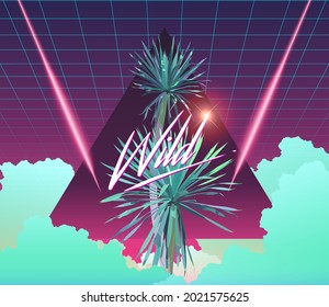 Tropical exotic Dracaena plant background poster template design, Retrowave 80s style, laser perspective line and triangle shape on neon green cloud