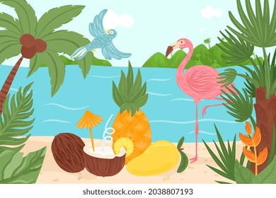 Tropical exotic element design, vector illustration, summer paradise at hawaii, bird, flamingo at ocean shore with jungle palm leaf concept.