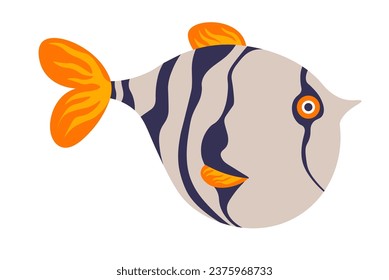 Tropischer oder exotischer Fisch mit Streifen Muster. Fisch für das Aquarium zu Hause, Haustier mit Flossen und Kiemen. Farbiges Wesen aus Tropen. Meereslebewesen, Ozean- oder Meerwasserhändler einzeln Symbol. Vektorgrafik auf ebene