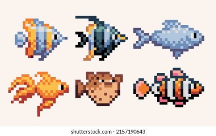 Tropical, exotic fishes pixel art set. Different underwater colorful creatures collection. 8 bit sprite. Game development, mobile app.  Isolated vector illustration.