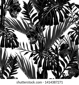 Tropical exotic floral black line palm leaves and flowers seamless pattern, white background. Exotic jungle wallpaper. 