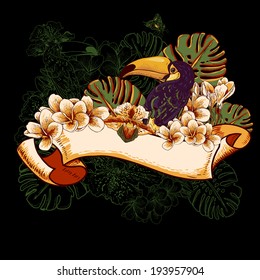 Tropical Exotic Floral Card with Toucan. Vector Design element. Summer Invitation Card Design with Exotic Flowers and Ribbon 