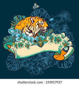 Tropical Exotic Floral Card with Toucan and Tiger. Vector Design element. Summer Invitation Card Design with Exotic Flowers and Ribbon 