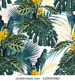 Tropical exotic floral green and blue monstera palm leaves seamless pattern, yellow flowers. Exotic jungle wallpaper on white background.