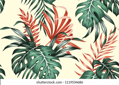 Tropical exotic floral green and red monstera palm leaves seamless pattern yellow background. Exotic jungle wallpaper.