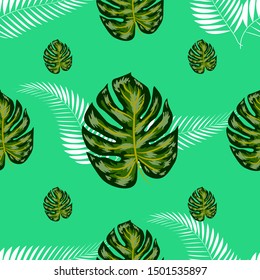 Tropical exotic floral green and red monstera palm leaves seamless pattern. Exotic jungle wallpaper.