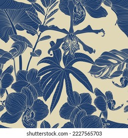 Tropical exotic floral line blue palm leaves and orchid flowers seamless pattern, line background. Exotic jungle wallpaper.	