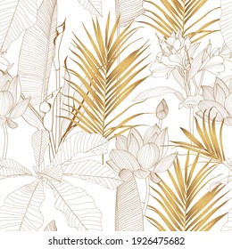 Tropical exotic floral line golden  palm leaves   flowers seamless pattern  line background  Exotic jungle wallpaper 	