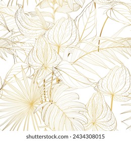 Tropical exotic floral line golden  palm leaves and flowers seamless pattern, line background. Exotic jungle wallpaper.	