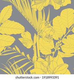 Tropical exotic floral line palm leaves and flowers seamless pattern, grey yellow background. Exotic jungle wallpaper.	