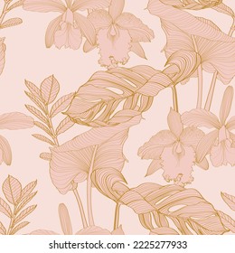 Tropical exotic floral line palm leaves and orchid flowers seamless pattern, line background. Exotic jungle wallpaper.	