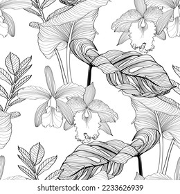 Tropical exotic floral line palm leaves and orchid flowers seamless pattern, line background. Exotic jungle wallpaper.	