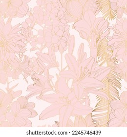 Tropical exotic floral line palm leaves and exotic flowers seamless pattern, line background. Exotic jungle wallpaper.	Art deco.