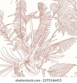 Tropical exotic floral line palm leaves and flowers seamless pattern, line background. Exotic jungle wallpaper.	