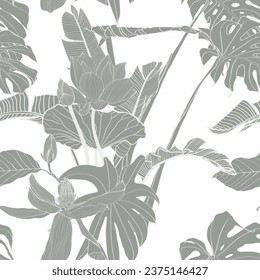 Tropical exotic floral line palm leaves and flowers seamless pattern, line background. Exotic jungle wallpaper.	