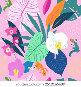 Tropical exotic floral pattern with lizards and orchid flowers. Jungle wallpaper with colorful leaves, pink and white flowers, leopard geckos on pink background. Seamless design