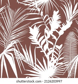 Tropical exotic floral silhouette brown palm leaves seamless pattern background. Exotic jungle wallpaper.	