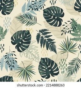 Tropical exotic floral silhouette green leaves seamless pattern background. Exotic jungle wallpaper