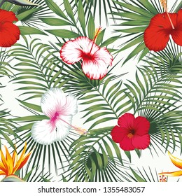 Tropical exotic flowers bird of paradise and white, red hibiscus, green plants seamless vector pattern on the white background