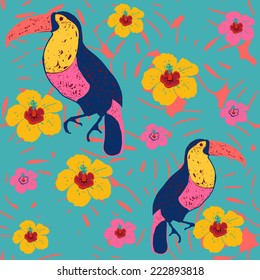 Tropical exotic flowers and birds seamless pattern.