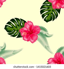 Tropical exotic flowers hibiscus, frangipani plumeria and palm, banana leaves composition. seamless pattern