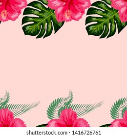 Tropical exotic flowers hibiscus, frangipani plumeria and palm, banana leaves composition. seamless pattern