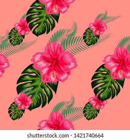 Tropical exotic flowers hibiscus, frangipani plumeria and palm, banana leaves composition. seamless pattern
