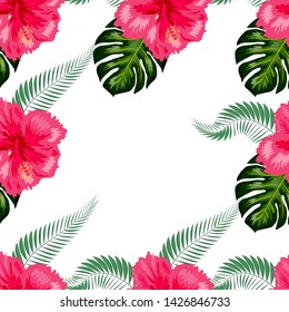 Tropical exotic flowers hibiscus, frangipani plumeria and palm, banana leaves composition. seamless pattern
