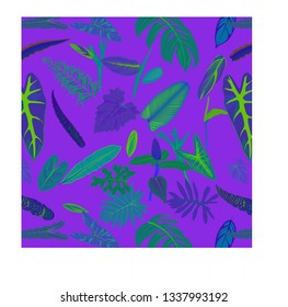 Tropical exotic flowers and leaves abstract colors in purple tone style. Seamless vector wallpaper pattern background.