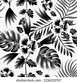 Tropical exotic flowers and leaves fabric design seamless pattern with botanic plant and branch foliage on white background. Hawaiian style coconut branches and monstera leaves. Floral background.