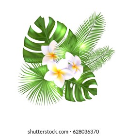 Tropical exotic flowers and leaves. Realistic vector illustration