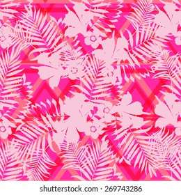 Tropical exotic flowers and leaves seamless pattern.Tropical palm leaf pattern with geometric background.Fashion floral neon colored texture for design.