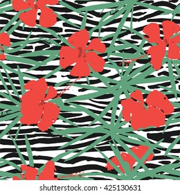 Tropical exotic flowers and leaves. Seamless pattern. Vector.
