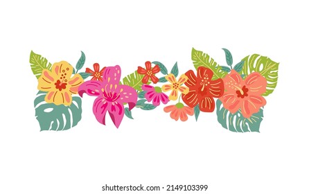 Tropical exotic flowers and leaves. Vector illustration isolated on white background. Flat style design element for poster, banner, party invitation, summer concept. svg