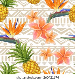 tropical exotic flowers and pineapple on seamless tribal background in vector