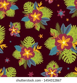 Tropical exotic flowers and plants. Seamless pattern on dark background. For t-shirts, fabrics, wrapping paper, printing, web. Vector illustration