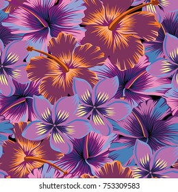 Tropical exotic flowers plumeria and hibiscus abstract color seamless. Vector pattern wallpaper