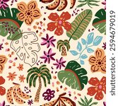 Tropical exotic flowers seamless pattern. Naive hand drawn flowers and leaves. Jungle bananas, hand painted palms, leopard spots. Vector summer vacation textile design, wallpaper, background, print.