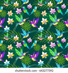 Tropical exotic flowers seamless pattern and hummingbird.