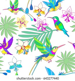 Tropical exotic flowers seamless pattern and hummingbird and palm leaves.